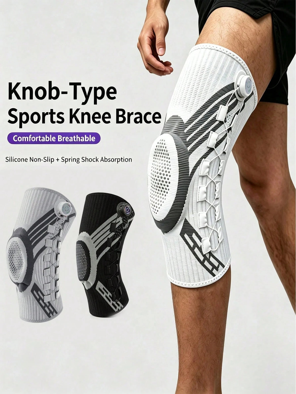 1Pc Adjustable Knob Fastening Knee Support, Breathable Knitted Silicone Patella Support Compression Knee Sleeve, Anti-Slip Shock-Absorbing Sports Knee Pad, Suitable for Running, Cycling, Gym Workout, Fitness Training, Camping, Outdoor Activities, Unisex